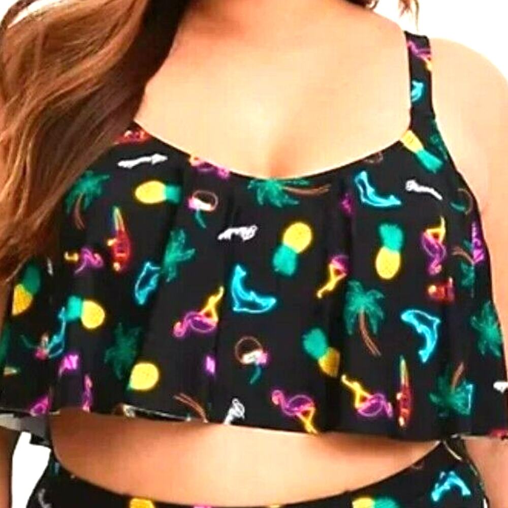 TORRID Women Large Black Neon Light Flamingo Dolphin Tropical Flounce Bikini Top